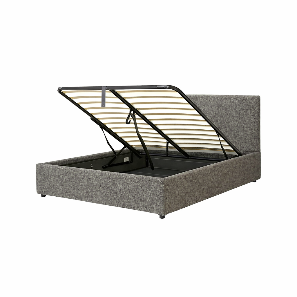 Futura originelles Stauraumbett mit Hubbett, schicker Stoffbezug in Sand: automatisches Öffnen per Fernbedienung und flexibler Lattenrost aus Holz