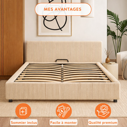 Futura originelles Stauraumbett mit Hubbett, schicker Stoffbezug in Sand: automatisches Öffnen per Fernbedienung und flexibler Lattenrost aus Holz