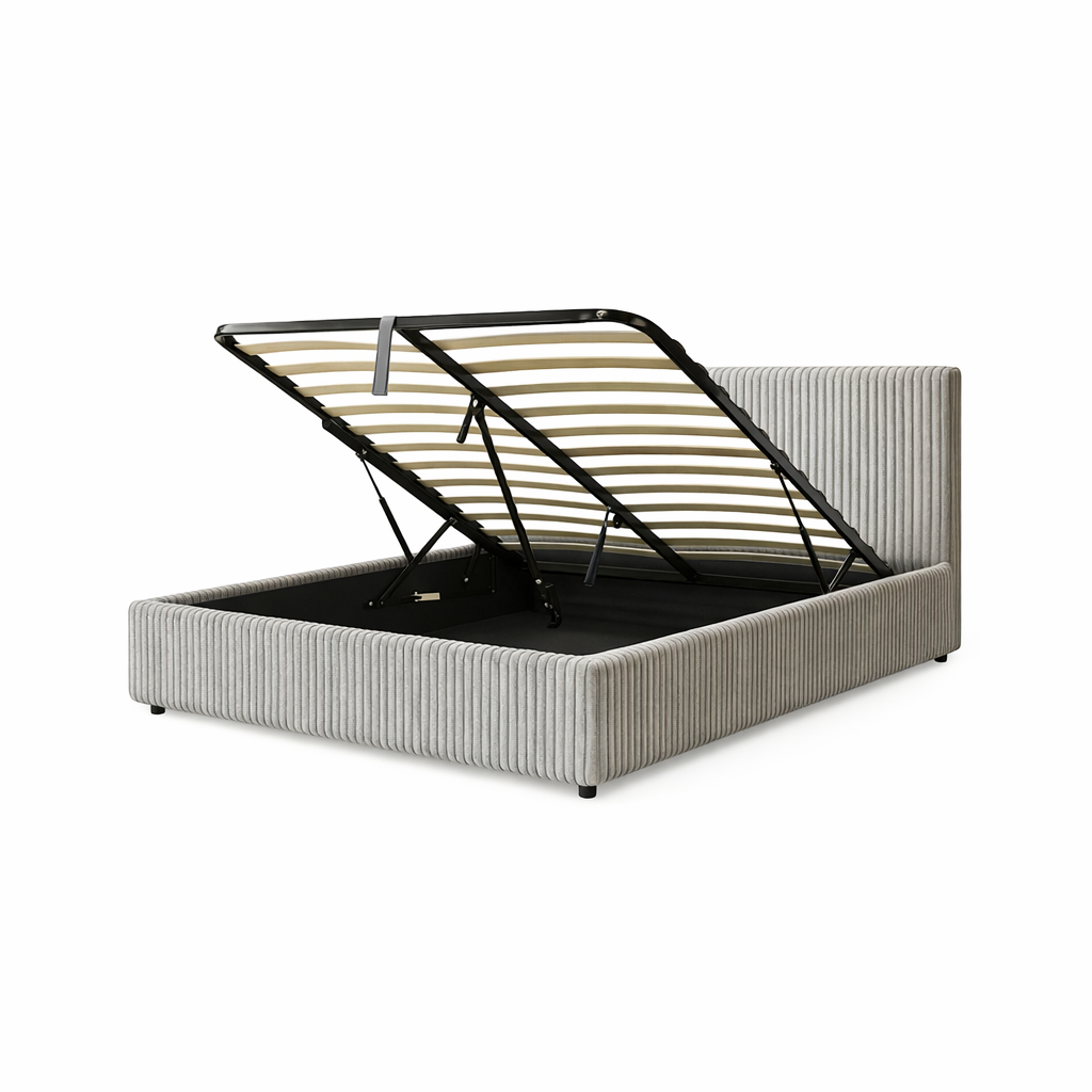 Futura originelles Stauraumbett mit Hubbett, schicker Stoffbezug in Sand: automatisches Öffnen per Fernbedienung und flexibler Lattenrost aus Holz