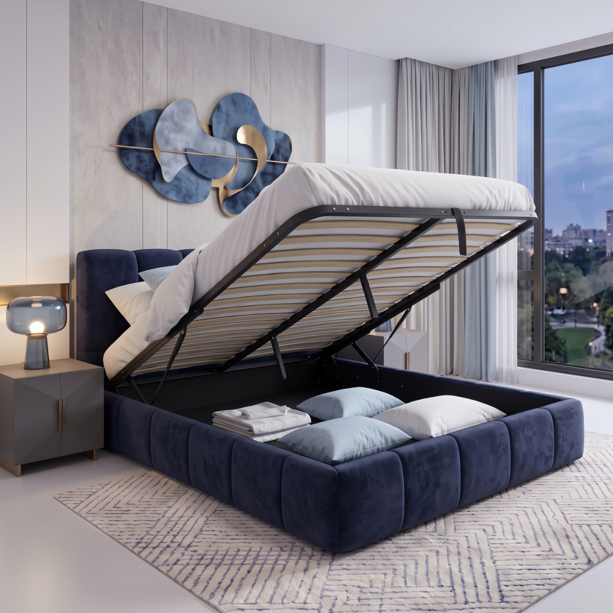 Lit coffre Aneto, tête de lit, grand espace de stockage, tissu chenille - Collection Aneto