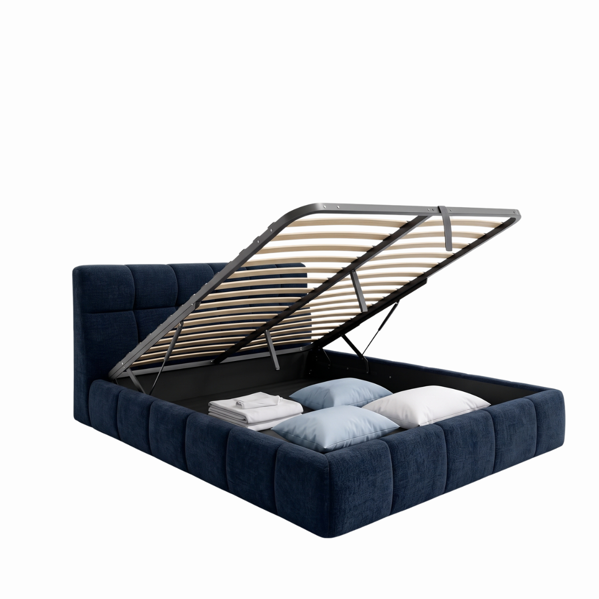 Lit coffre Aneto, tête de lit, grand espace de stockage, tissu chenille - Collection Aneto