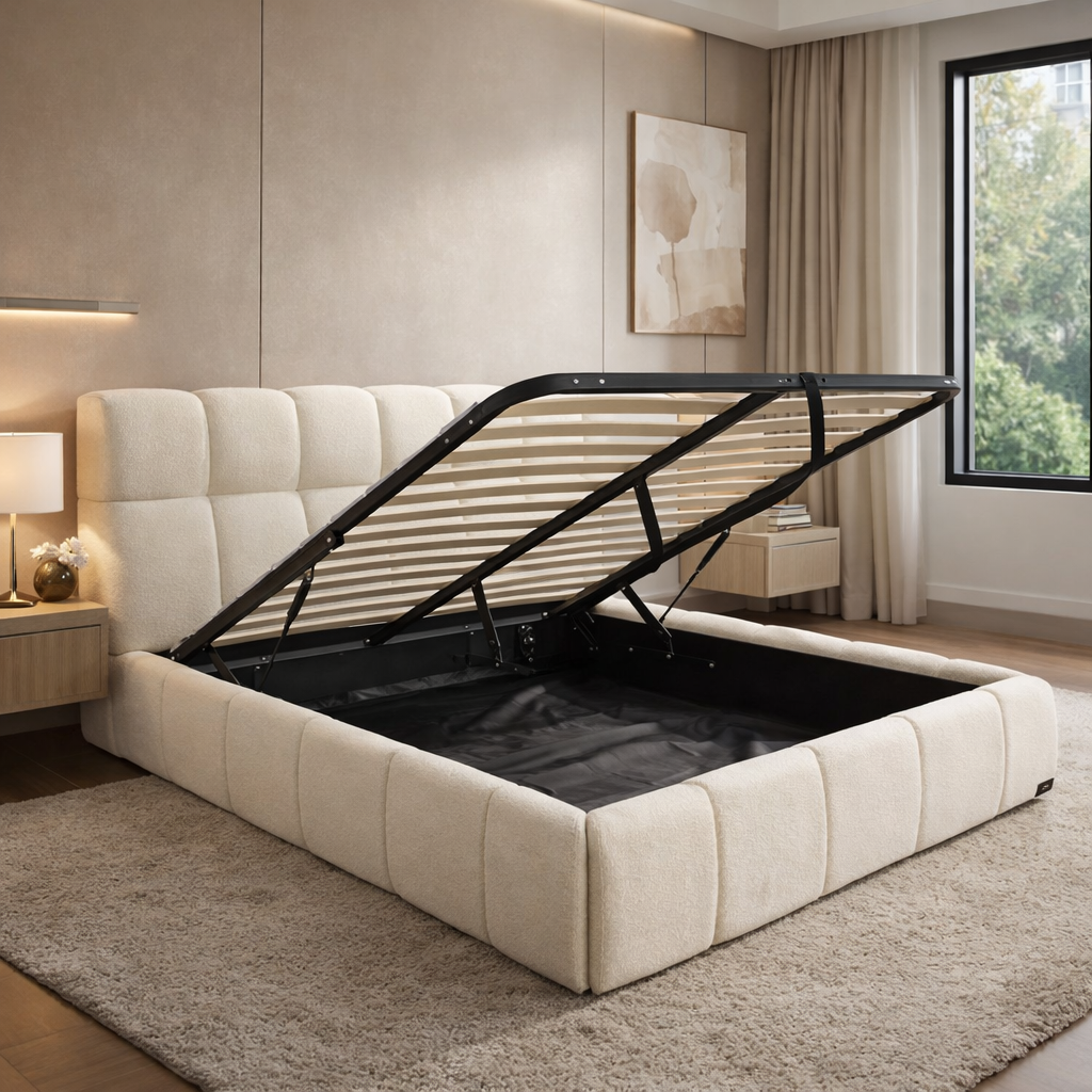 Lit coffre Aneto, tête de lit, grand espace de stockage, tissu chenille - Collection Aneto