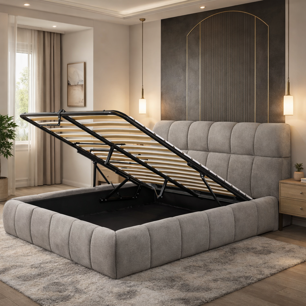 Lit coffre Aneto, tête de lit, grand espace de stockage, tissu chenille - Collection Aneto