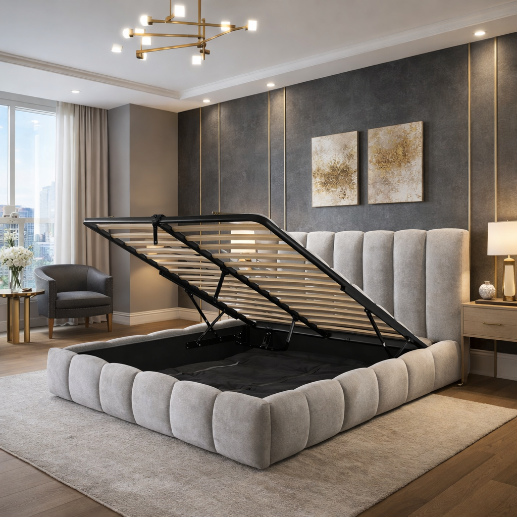 Lit coffre Everest, tête de lit, grand espace de stockage, tissu épais - Collection Everest