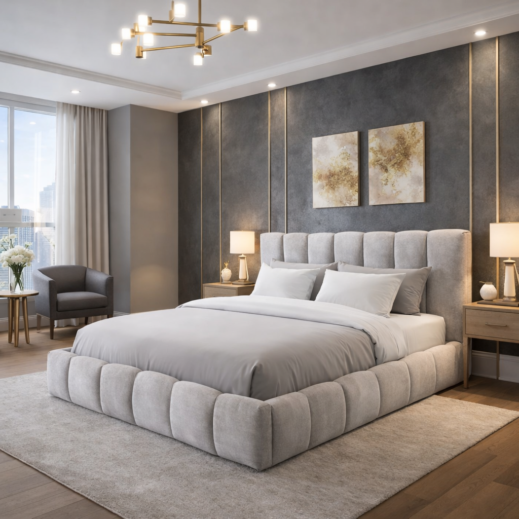 Lit coffre Everest, tête de lit, grand espace de stockage, tissu épais - Collection Everest