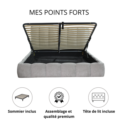 Lit coffre Everest, tête de lit, grand espace de stockage, tissu épais - Collection Everest