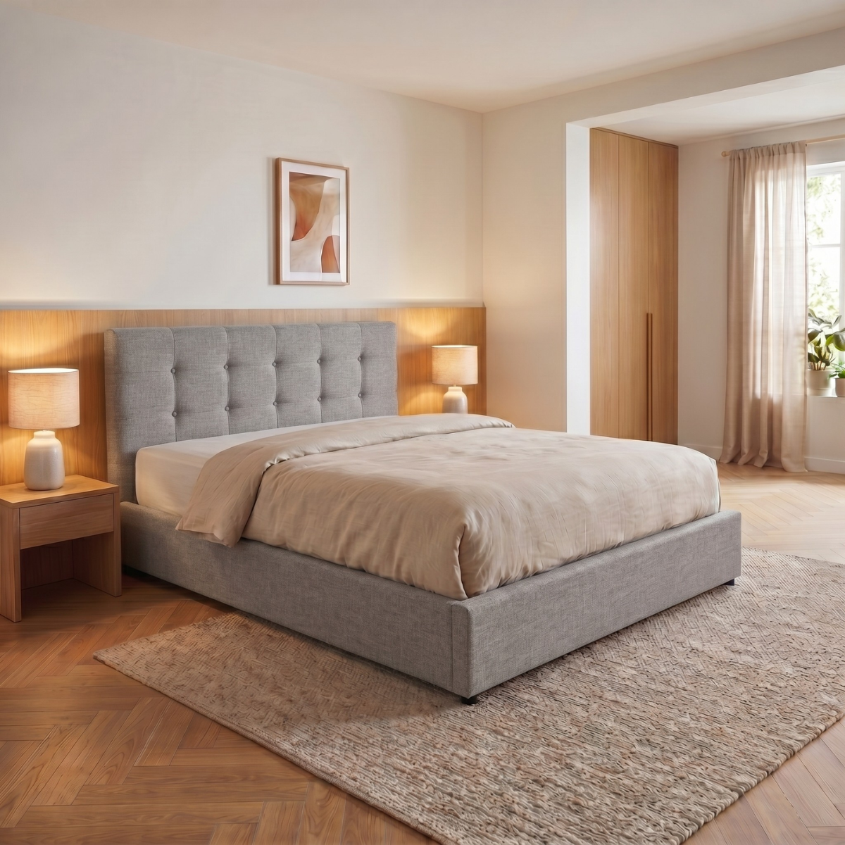 Lit coffre électrique XXL avec tête de lit design en tissu - Collection Electro