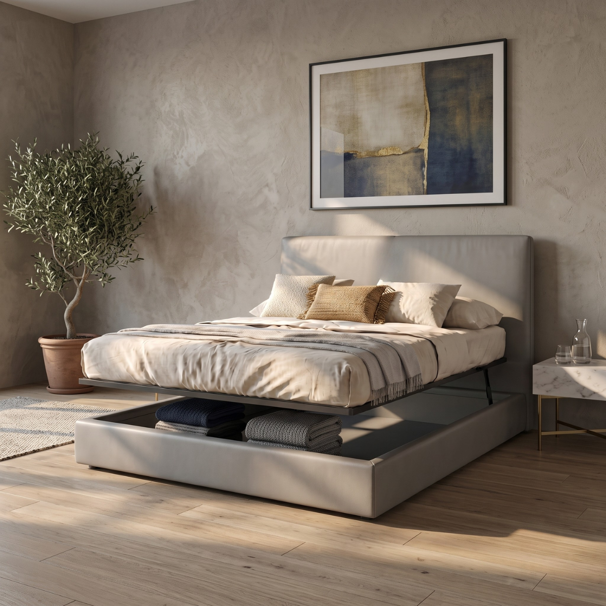 Storage bed with side and front opening headboard in faux leather - Parallèle design collection