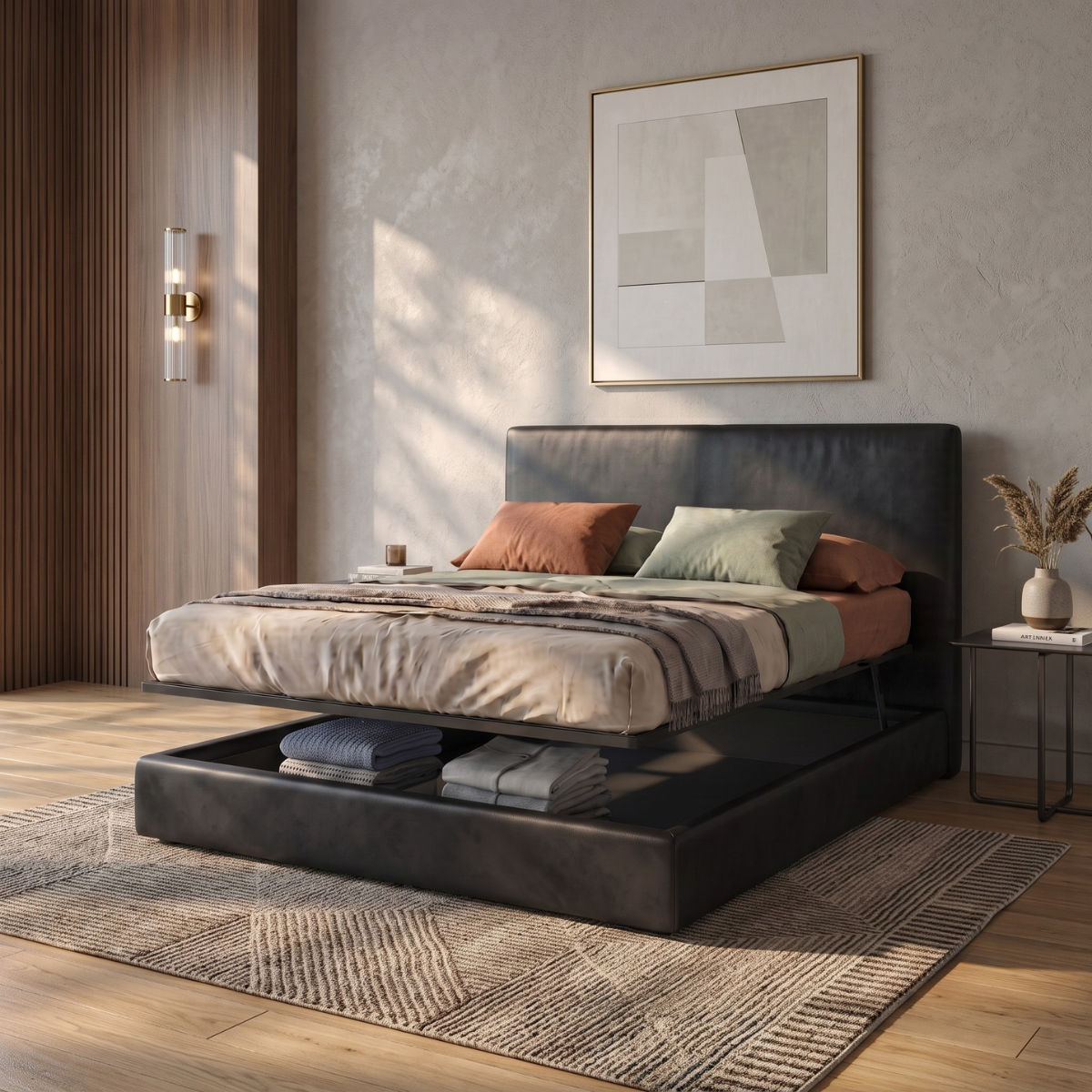 Storage bed with side and front opening headboard in faux leather - Parallèle design collection