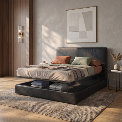 Storage bed with side and front opening headboard in faux leather - Parallèle design collection