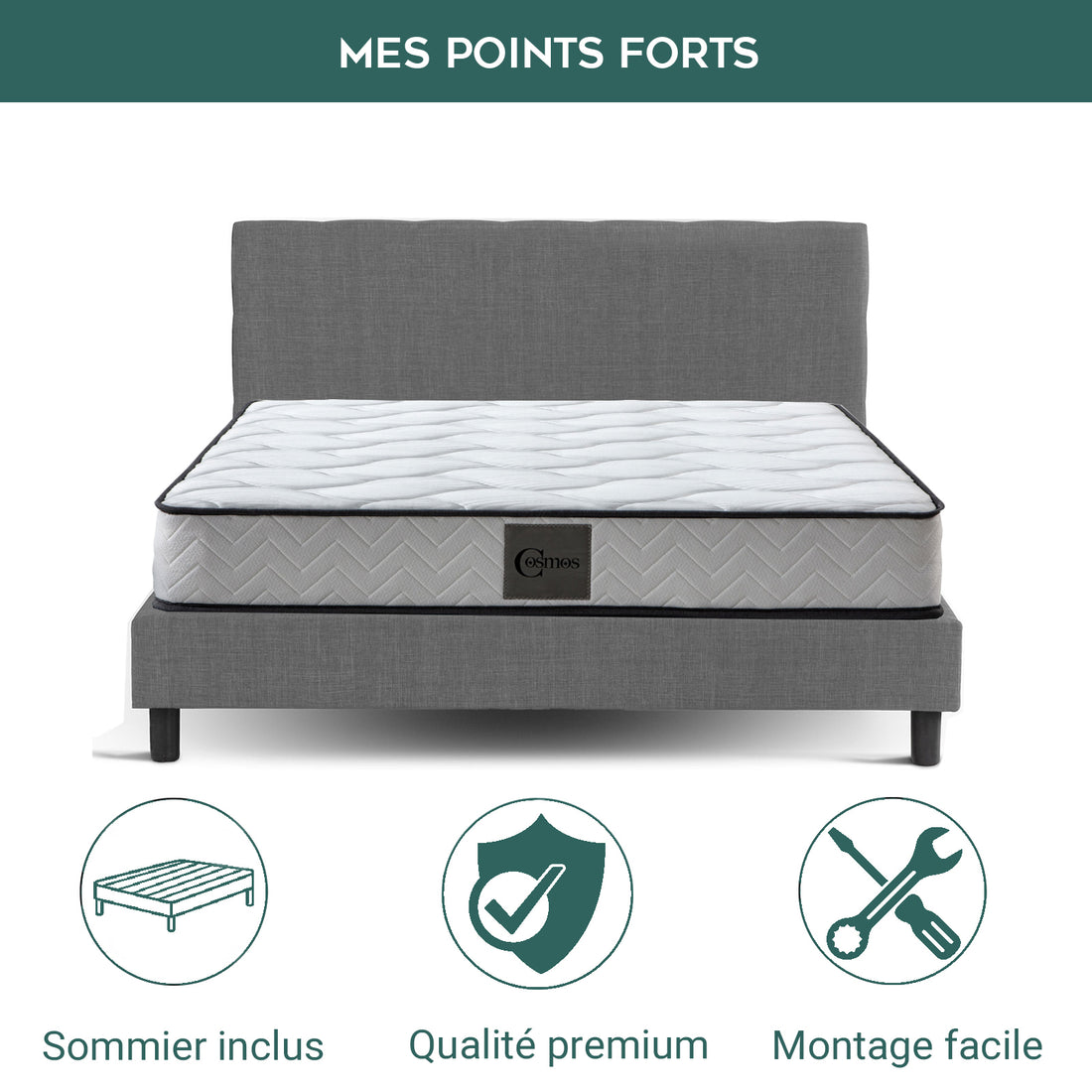 Pack Essentiel : Lit Marquis Tissus Gris Clair &amp; Matelas Cosmos