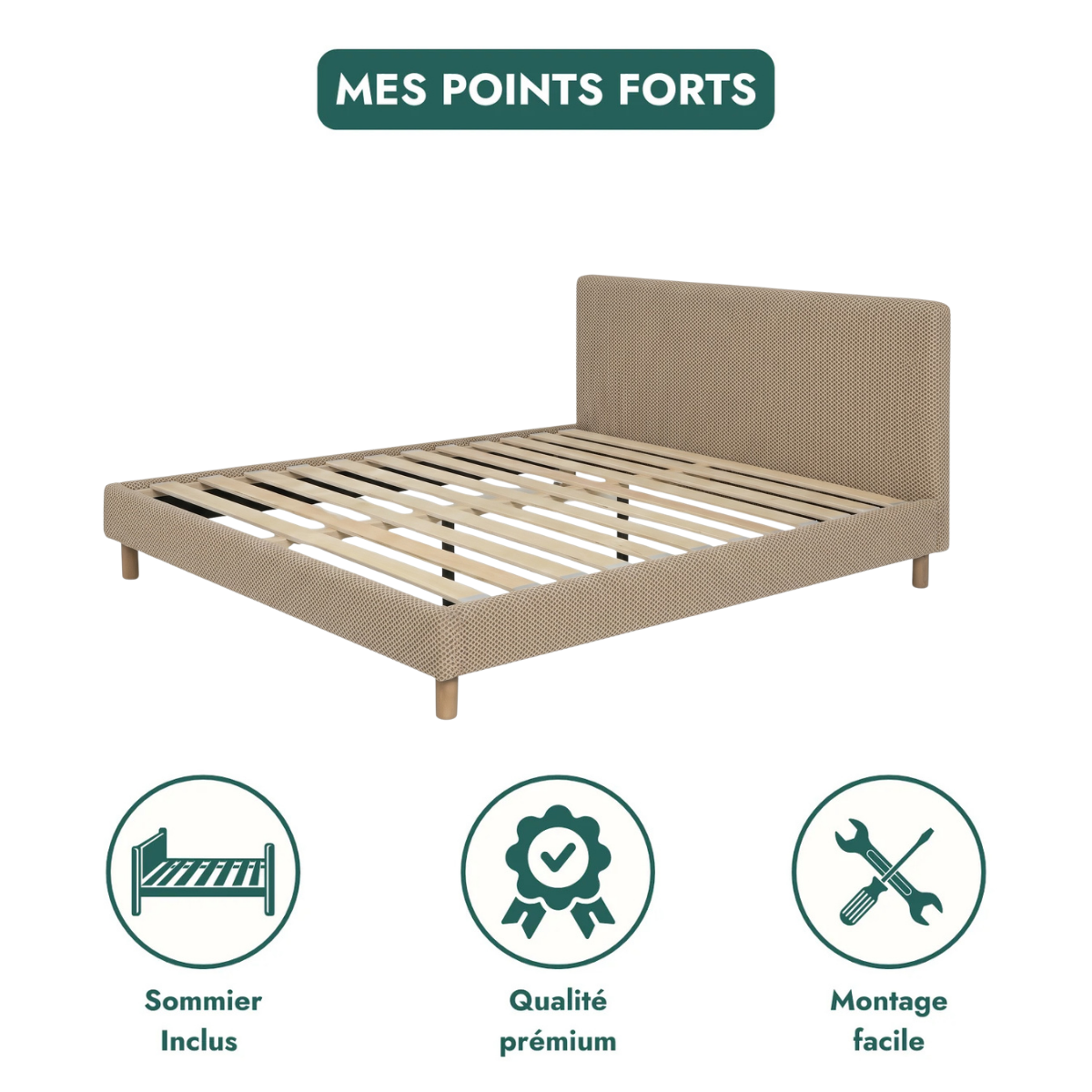 Lit tissu Mesh 3D, tête de lit, sommier à lattes bois - Collection Prince