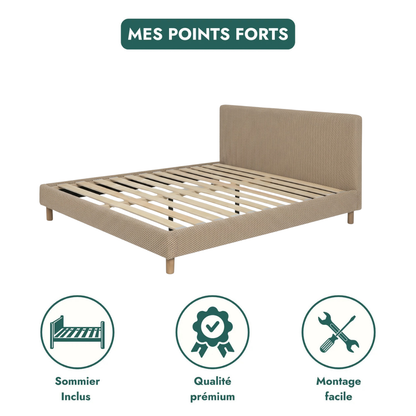 Lit tissu Mesh 3D, tête de lit, sommier à lattes bois - Collection Prince