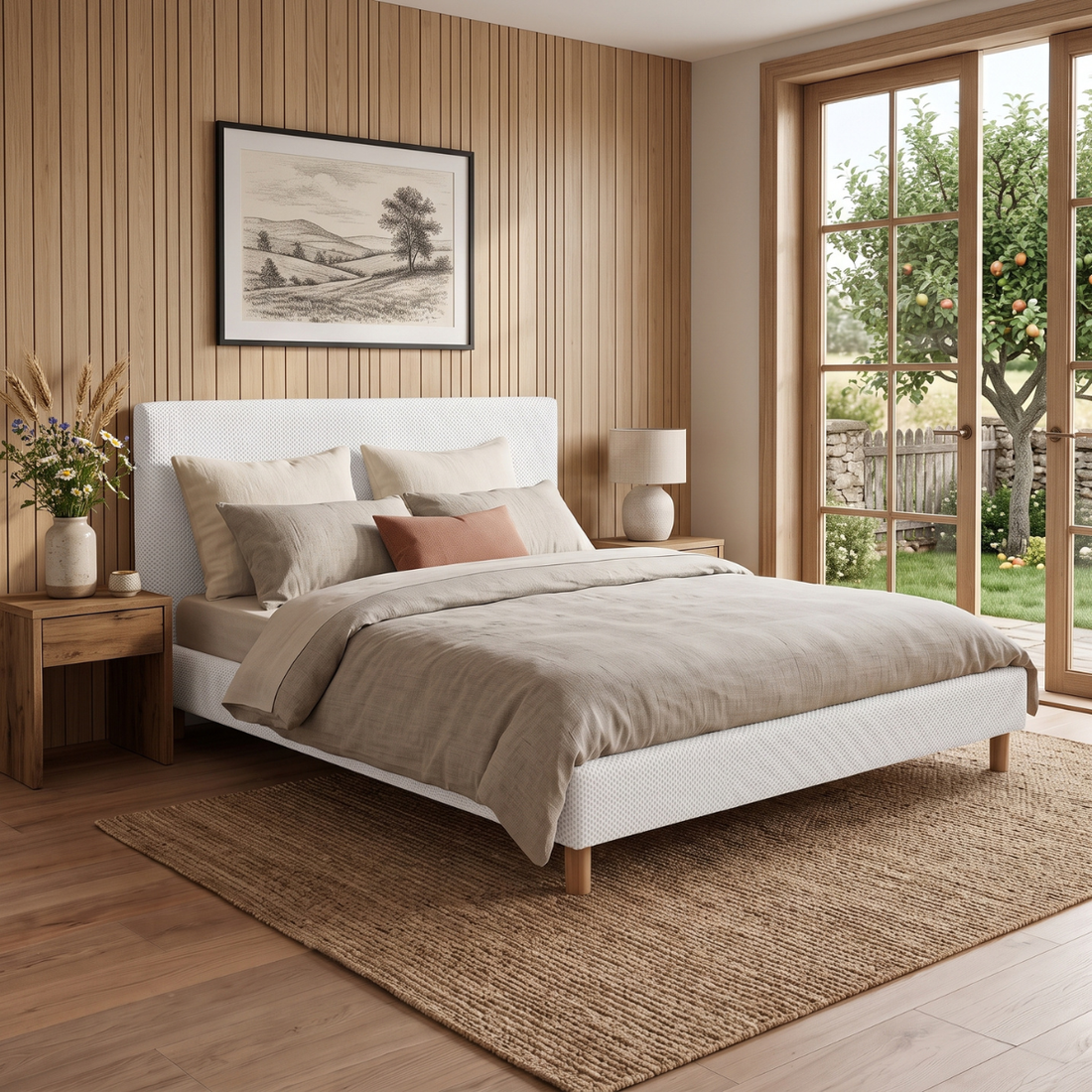 Lit tissu Mesh 3D, tête de lit, sommier à lattes bois - Collection Prince
