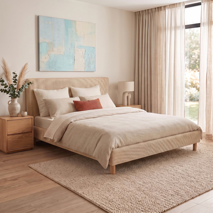 Lit tissu Mesh 3D, tête de lit, sommier à lattes bois - Collection Prince