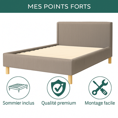 Lit Prince en velours côtelé : sommier et tête de lit