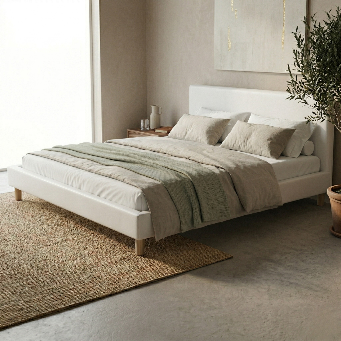 Lit simili cuir, tête de lit, sommier à lattes bois - Collection Prince