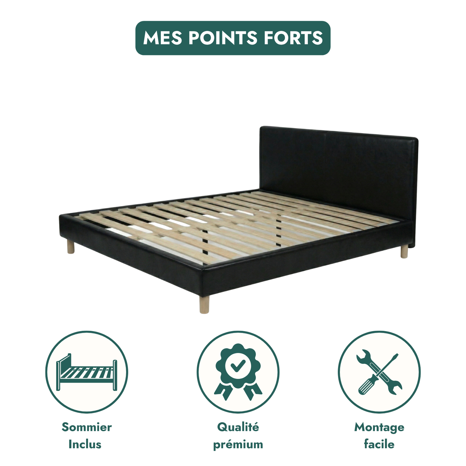 Faux leather bed, headboard, wooden slatted base - Prince Collection