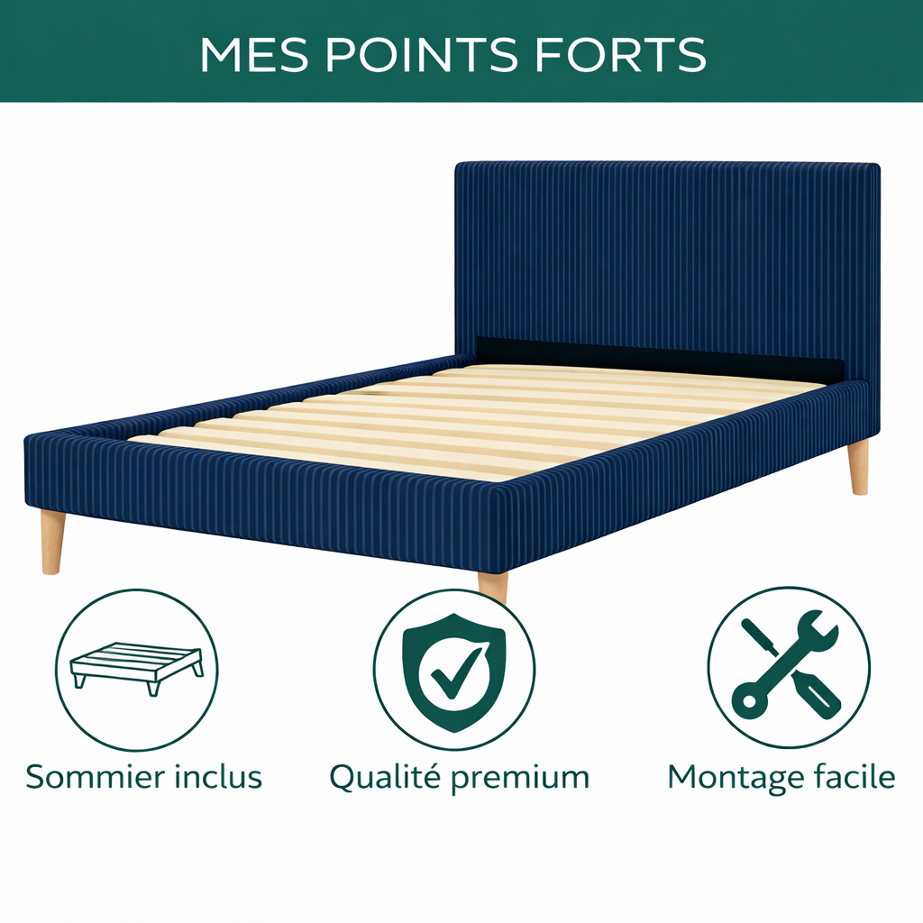 Lit enfant en velours côtelé : sommier à lattes et encadrement collection Anastasia