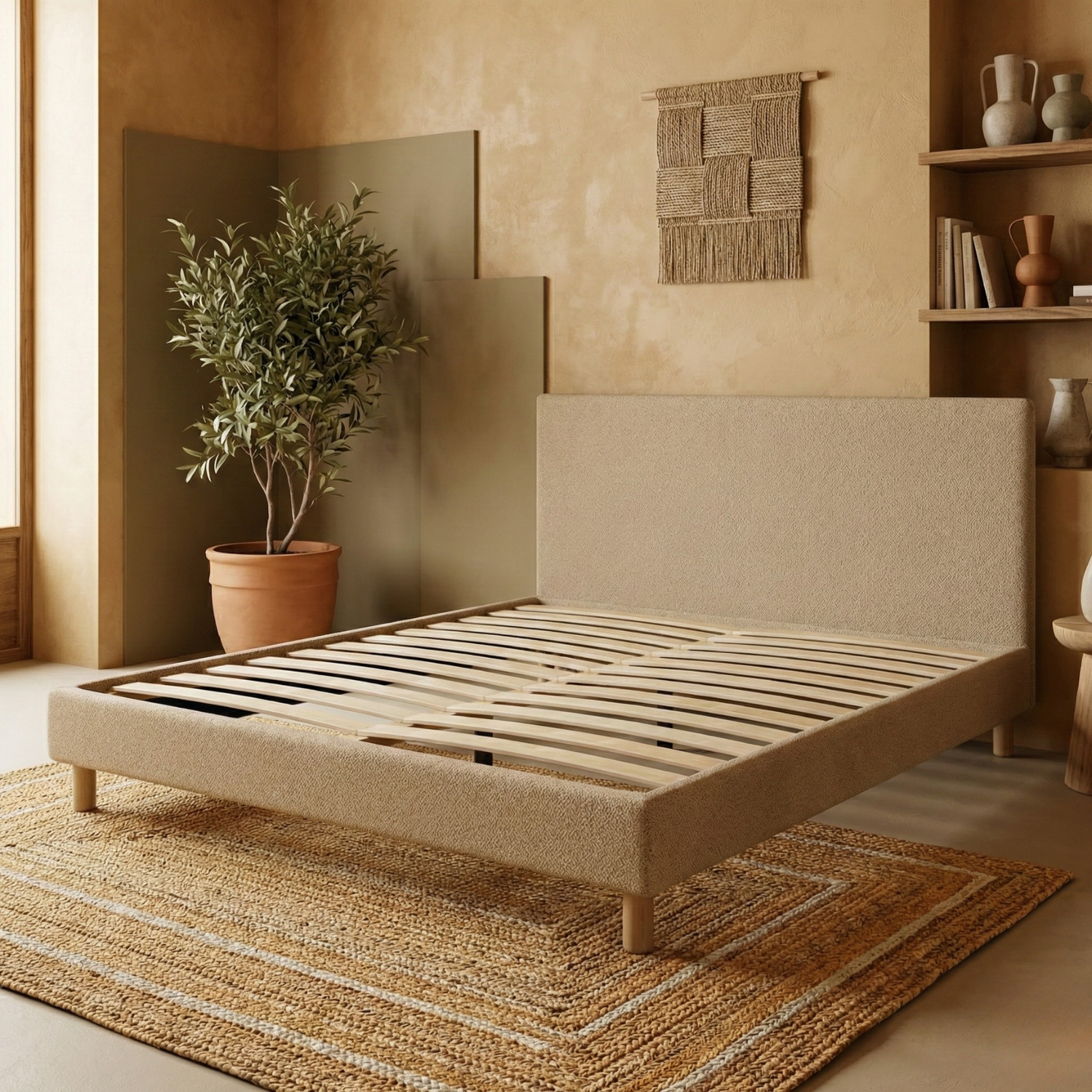 Bouclé bed, headboard, wooden slatted base - Prince Collection