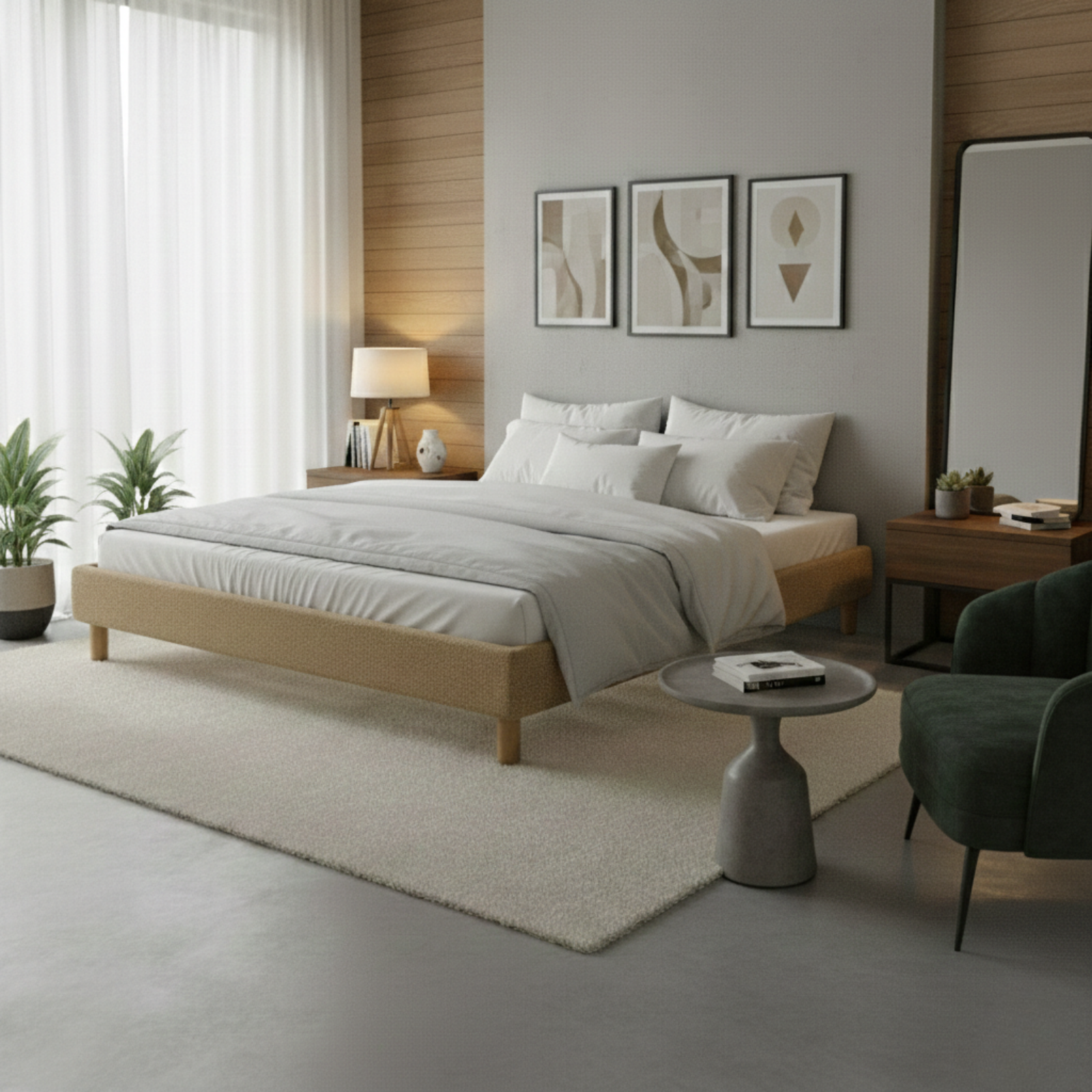 Bouclé bed base, bed frame, wooden legs, pelvic support - Deco Collection