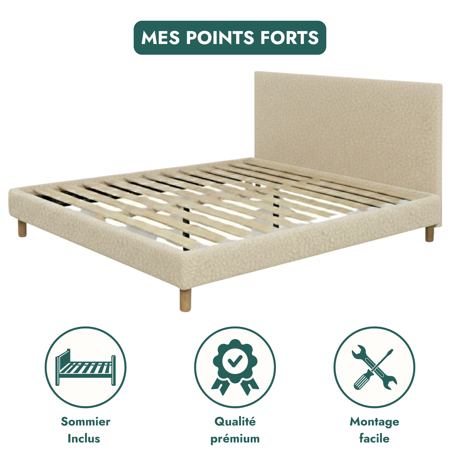 Lit bouclette, tête de lit, sommier à lattes bois - Collection Prince