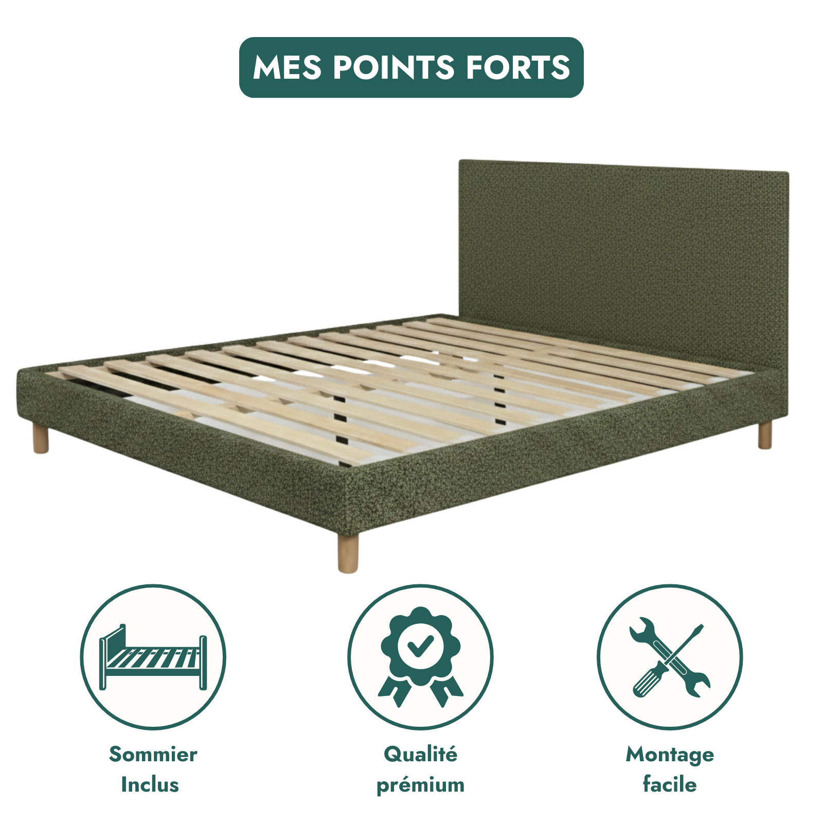 Bouclé bed, headboard, wooden slatted base - Prince Collection