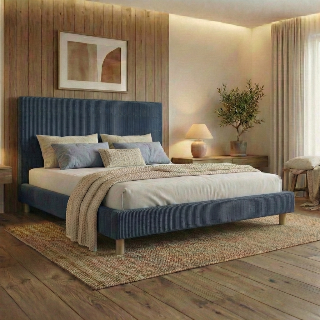 Lit velours côtelé, tête de lit, sommier à lattes bois - Collection Prince