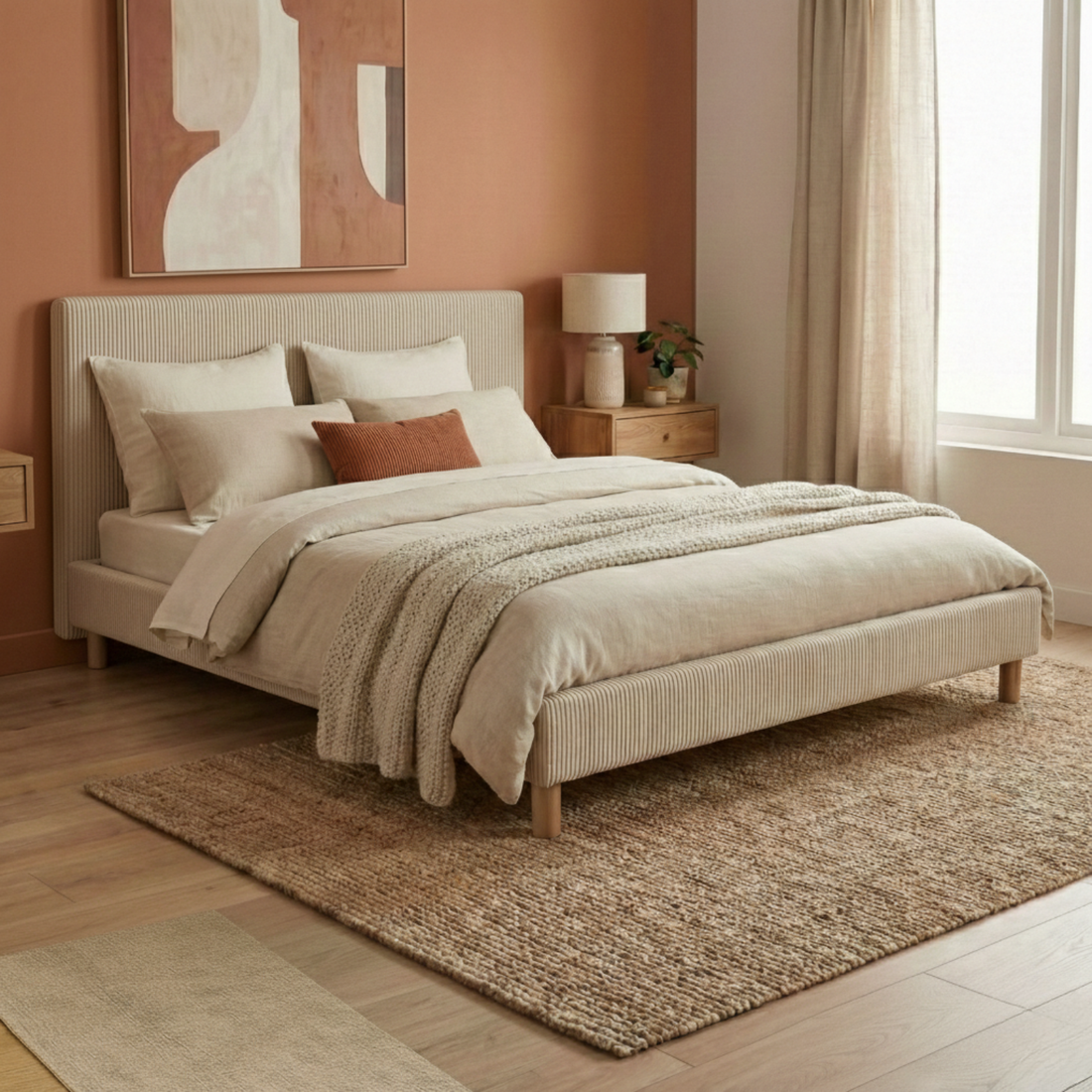 Lit velours côtelé, tête de lit, sommier à lattes bois - Collection Prince