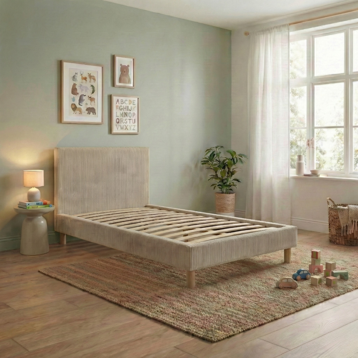 Lit enfant en velours côtelé : sommier à lattes et encadrement collection Anastasia