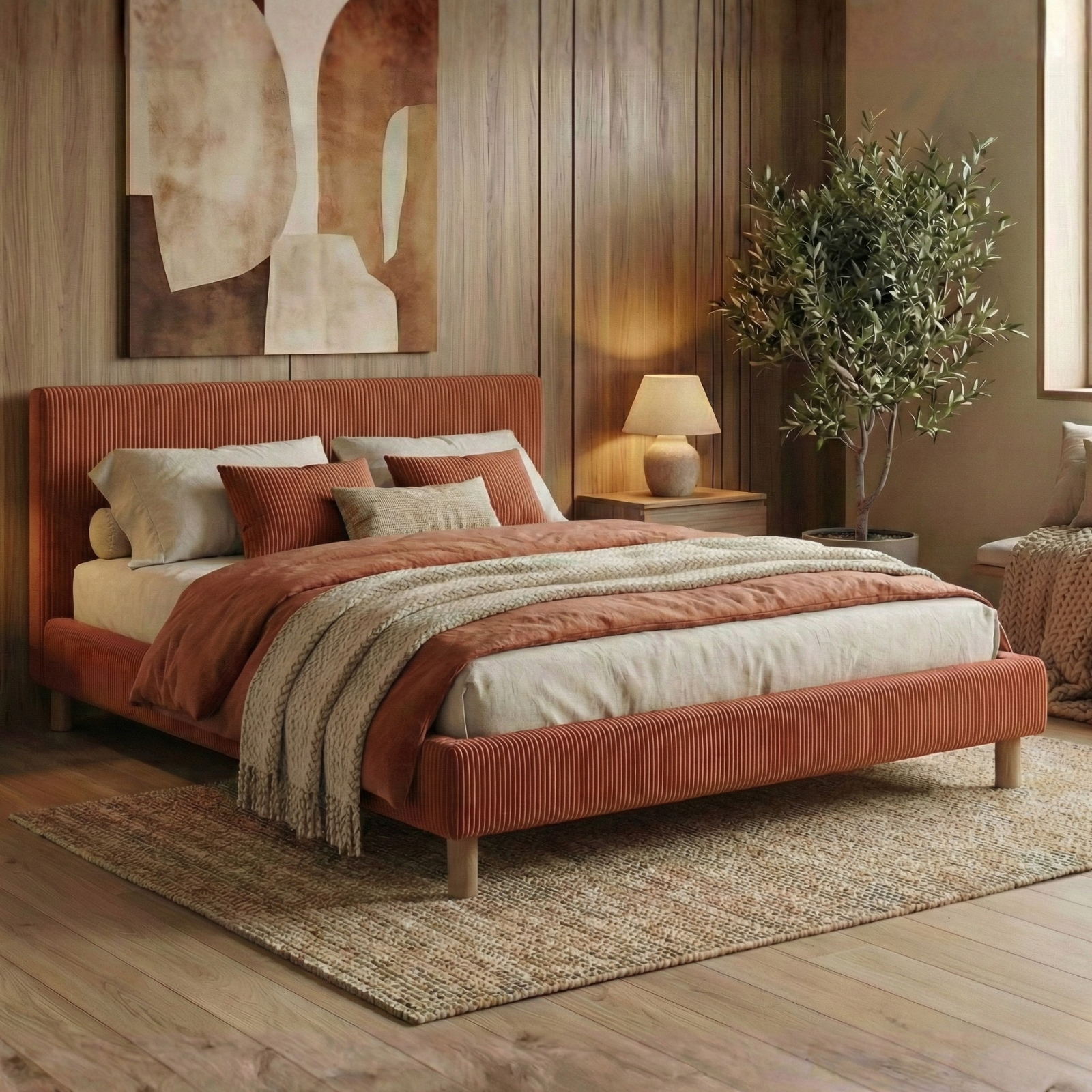 Corduroy bed, headboard, wooden slatted base - Prince Collection