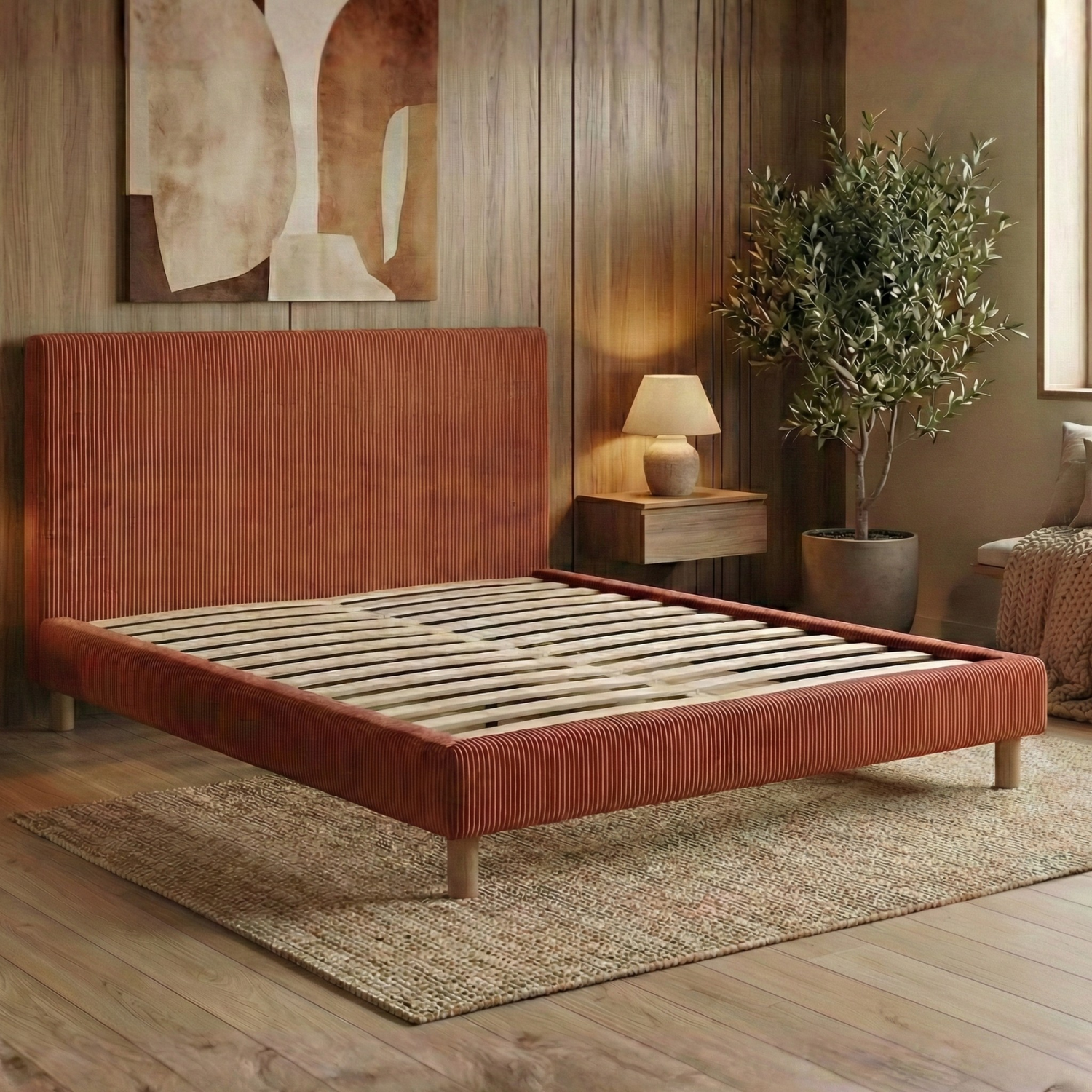 Corduroy bed, headboard, wooden slatted base - Prince Collection
