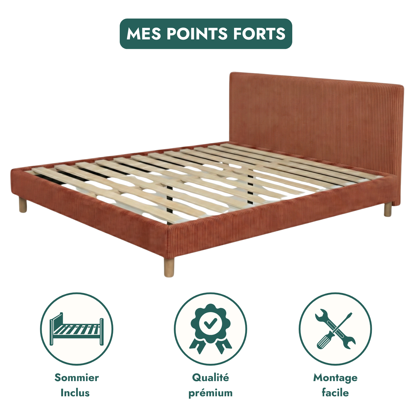 Corduroy bed, headboard, wooden slatted base - Prince Collection