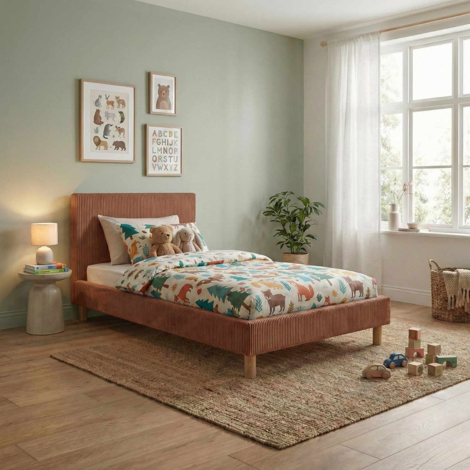 Corduroy bed, headboard, wooden slatted base - Prince Collection