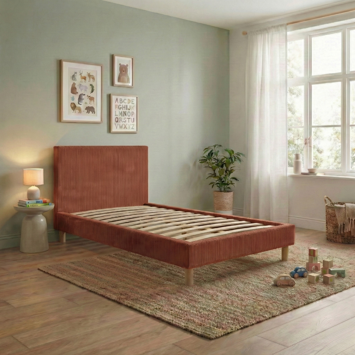 Corduroy bed, headboard, wooden slatted base - Prince Collection