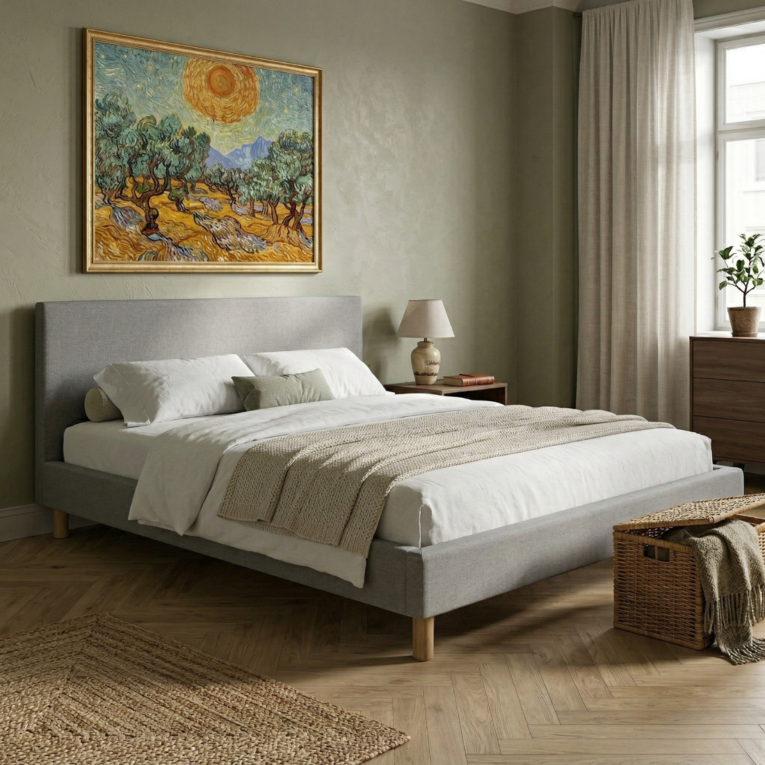 Lit tissu, tête de lit, sommier à lattes bois - Collection Prince