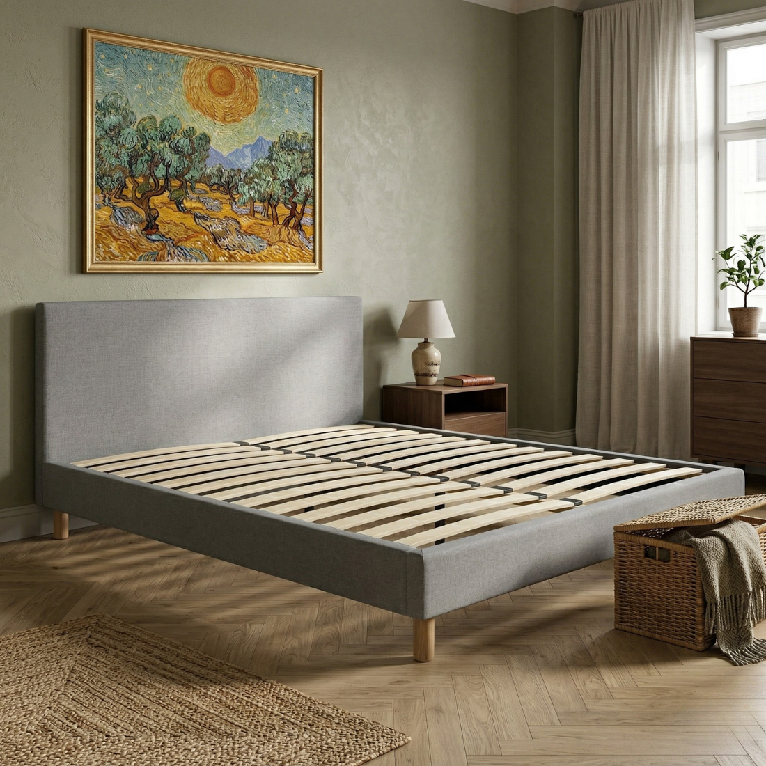 Lit tissu, tête de lit, sommier à lattes bois - Collection Prince