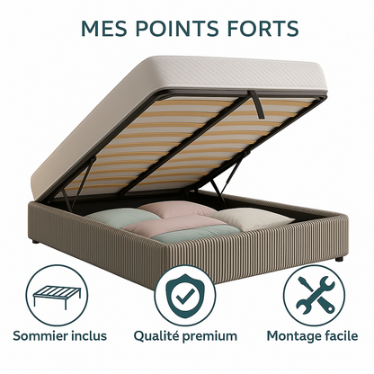 Lit coffre Vegas velours côtelé : sommier à lattes flexibles