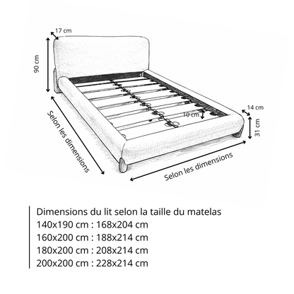 Lit en tissu feutrine avec lattes massives et tête de lit - Collection Capucine