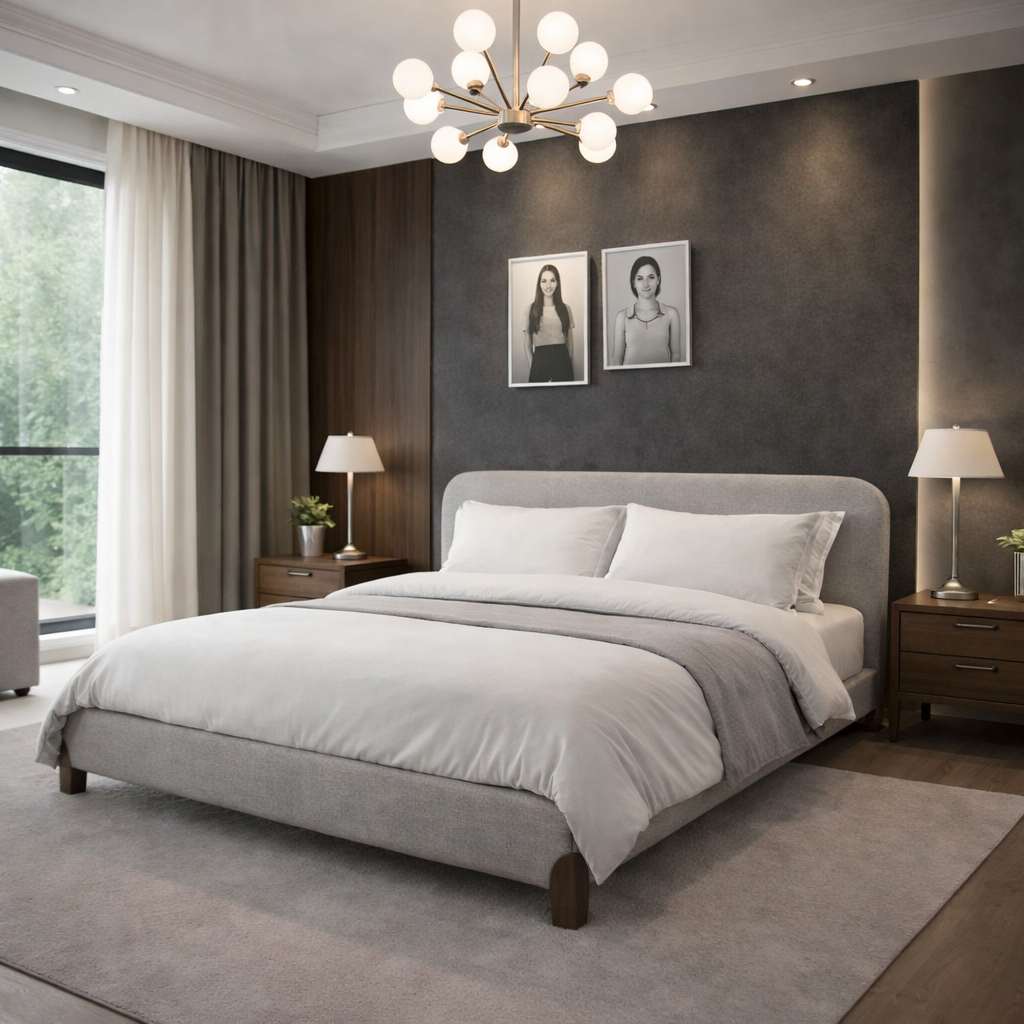 Lit en tissu feutrine avec lattes massives et tête de lit - Collection Capucine