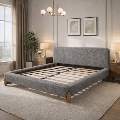 Lit en tissu feutrine avec lattes massives et tête de lit - Collection Capucine