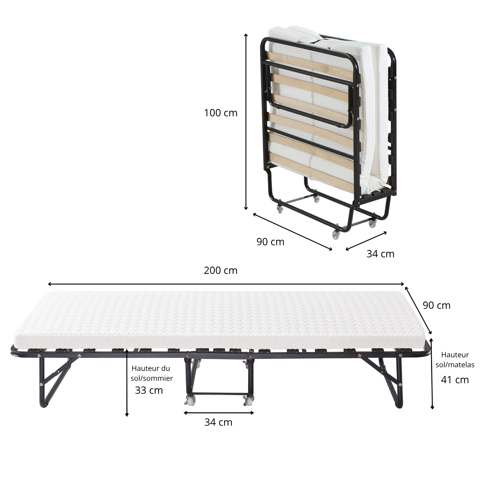 Lit pliant à roulettes avec matelas : lit d’appoint avec sommier à lattes flexibles - Collection Pliable