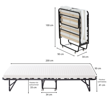 Lit pliant à roulettes avec matelas : lit d’appoint avec sommier à lattes flexibles - Collection Pliable