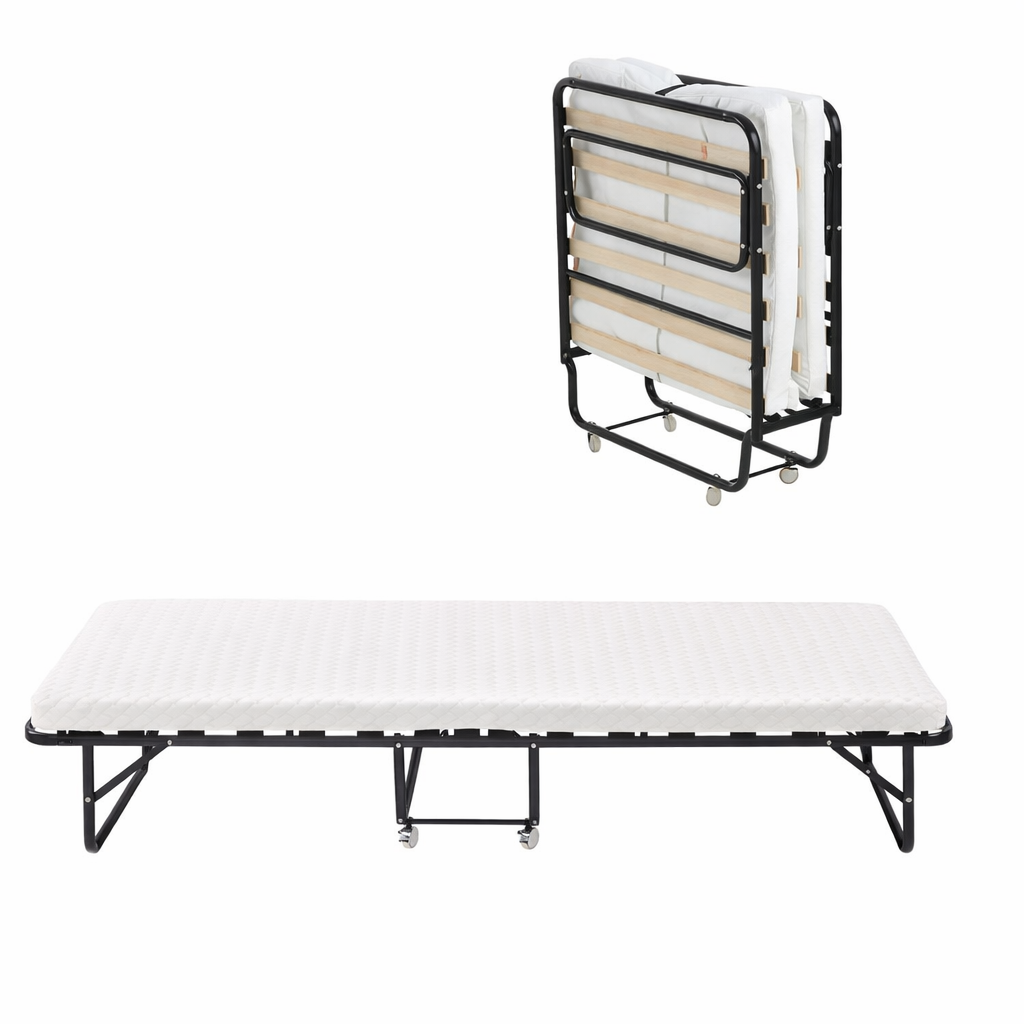 Lit pliant à roulettes avec matelas : lit d’appoint avec sommier à lattes flexibles - Collection Pliable