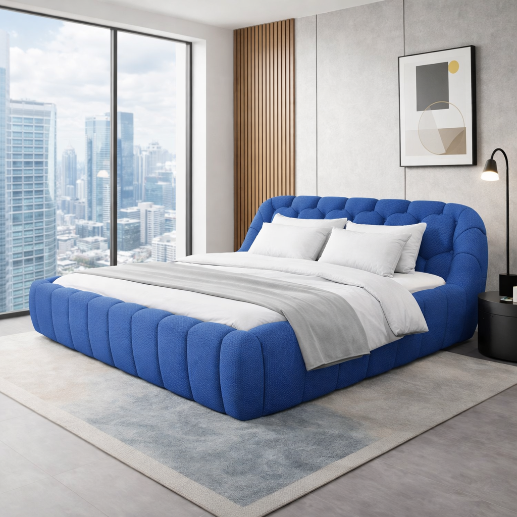 Lit coffre Byblos, tête de lit, grand espace de stockage, tissu 3D - Collection Byblos