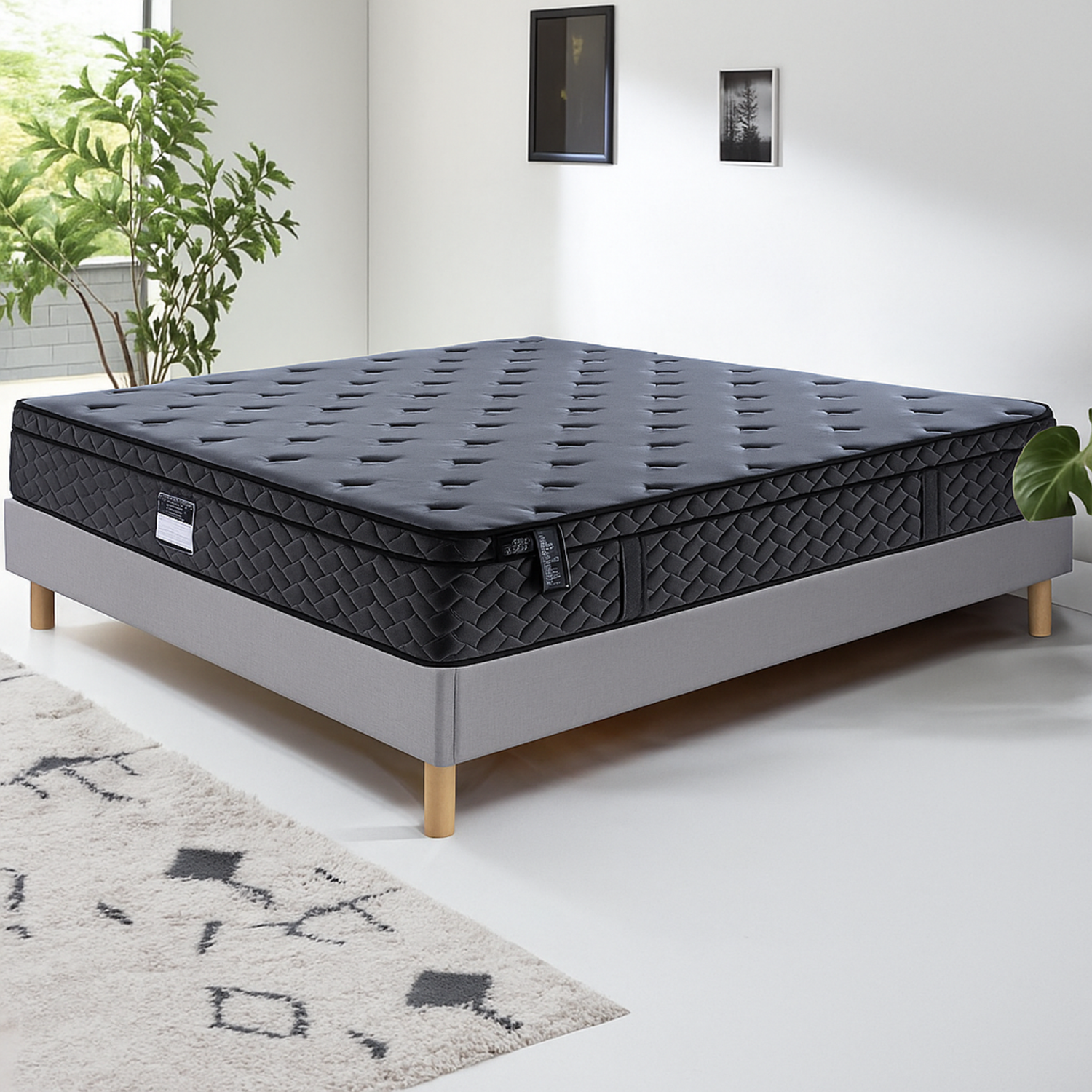 Pack lit, sommier tissu Eva gris clair, matelas bio - Collection Luxury