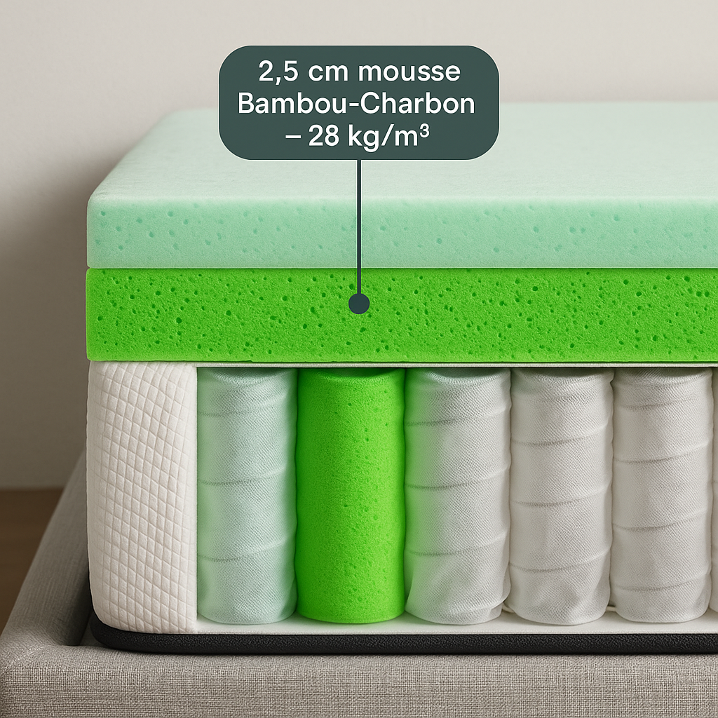 Matelas naturel : Mousse Bambou-Charbon et Ressorts ensachés