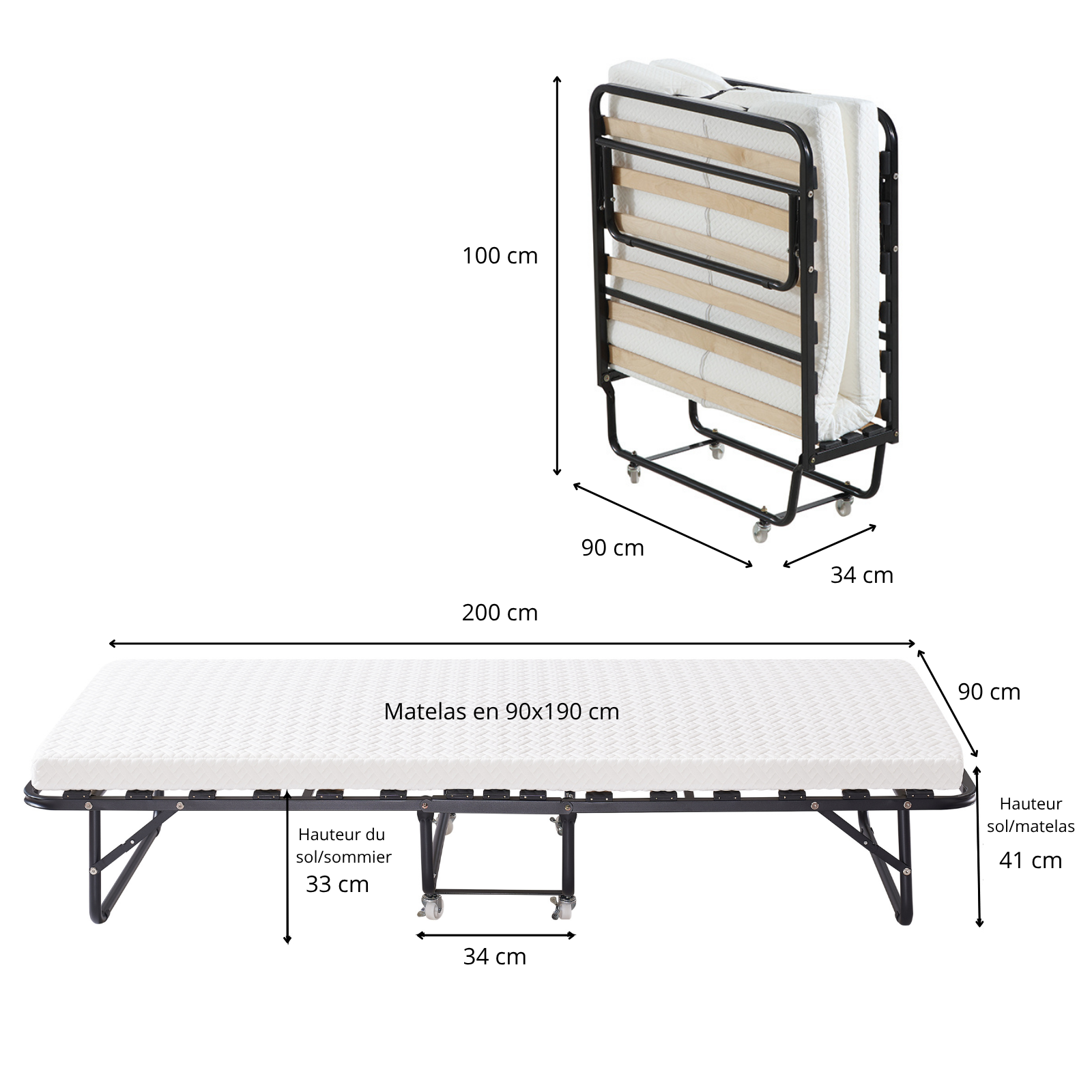 Lit pliant à roulettes avec matelas : lit d’appoint avec sommier à lattes flexibles - Collection Pliable