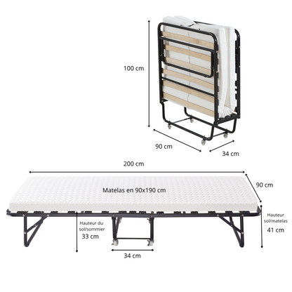 Lit pliant à roulettes avec matelas : lit d’appoint avec sommier à lattes flexibles - Collection Pliable