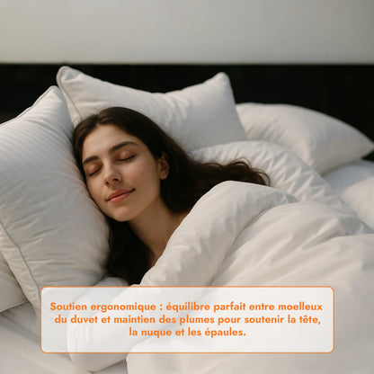 Oreiller plumes de canard et duvet, jacquard strié, confort équilibré - Collection Duvet